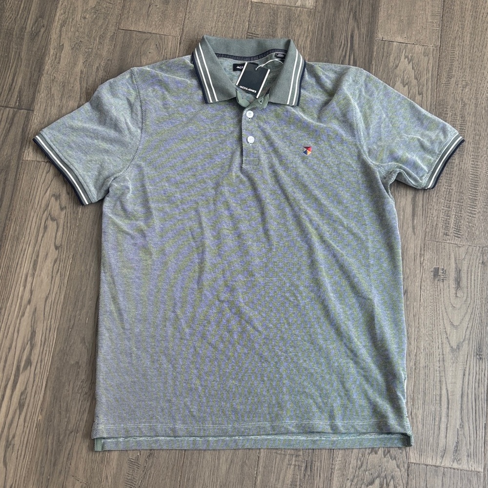 Jack & Jones | NWT Heather Gray and Green Polo with Contrast Stripe Collar XL